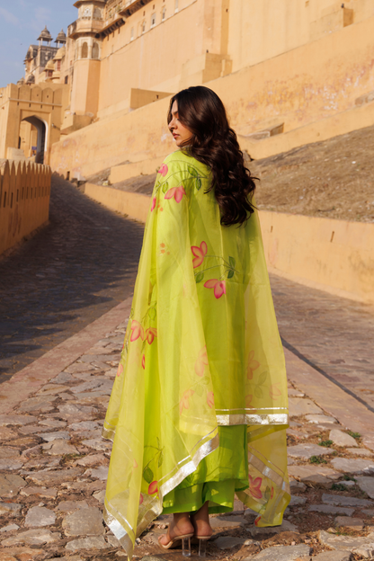 Aam Panna Uppada silk Kurta Set With Hand- Painted Dupatta