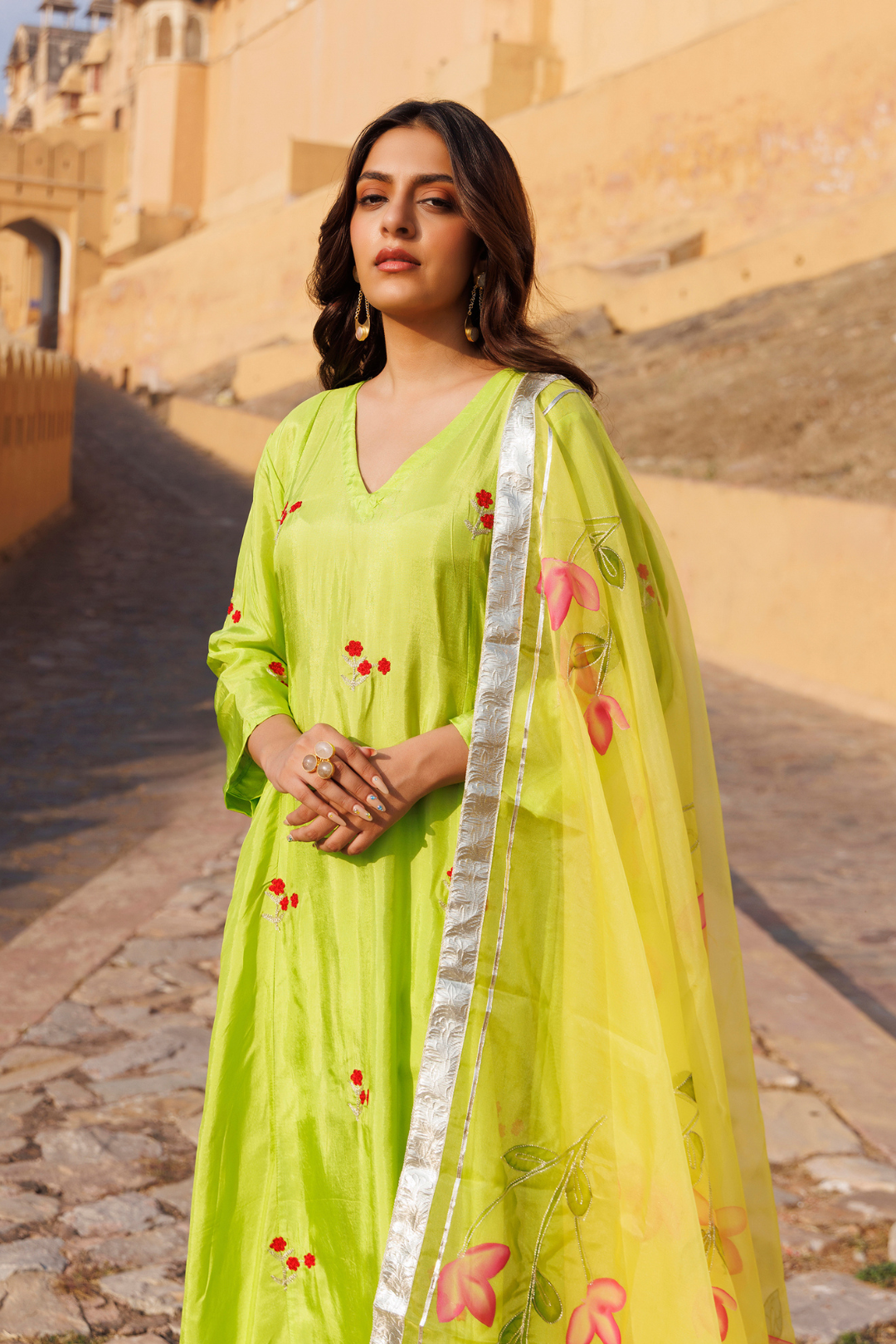 Aam Panna Uppada silk Kurta Set With Hand- Painted Dupatta