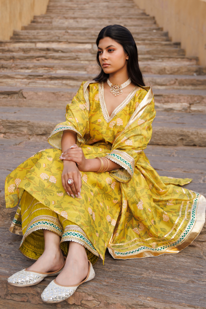 Olive Yellow Chanderi Kurta Set