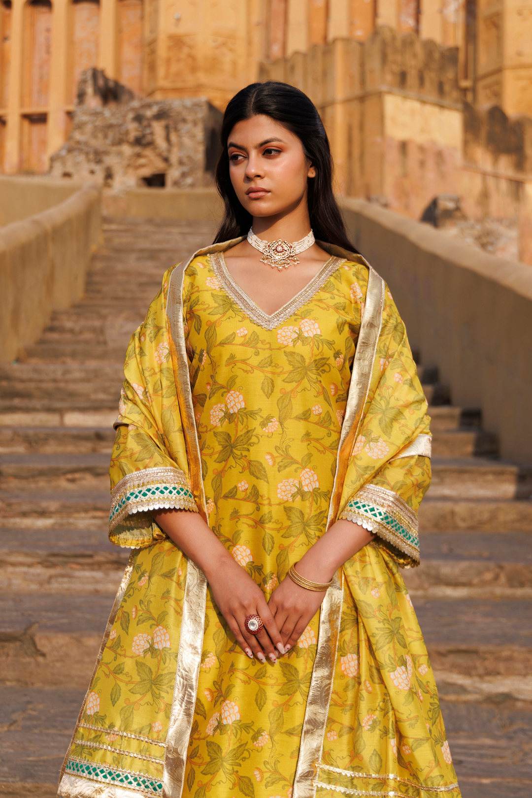 Olive Yellow Chanderi Kurta Set