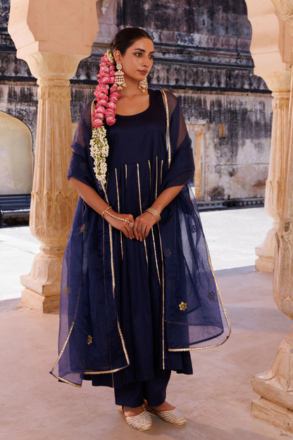 Navy blue cotton silk, gota patti work anrkali set