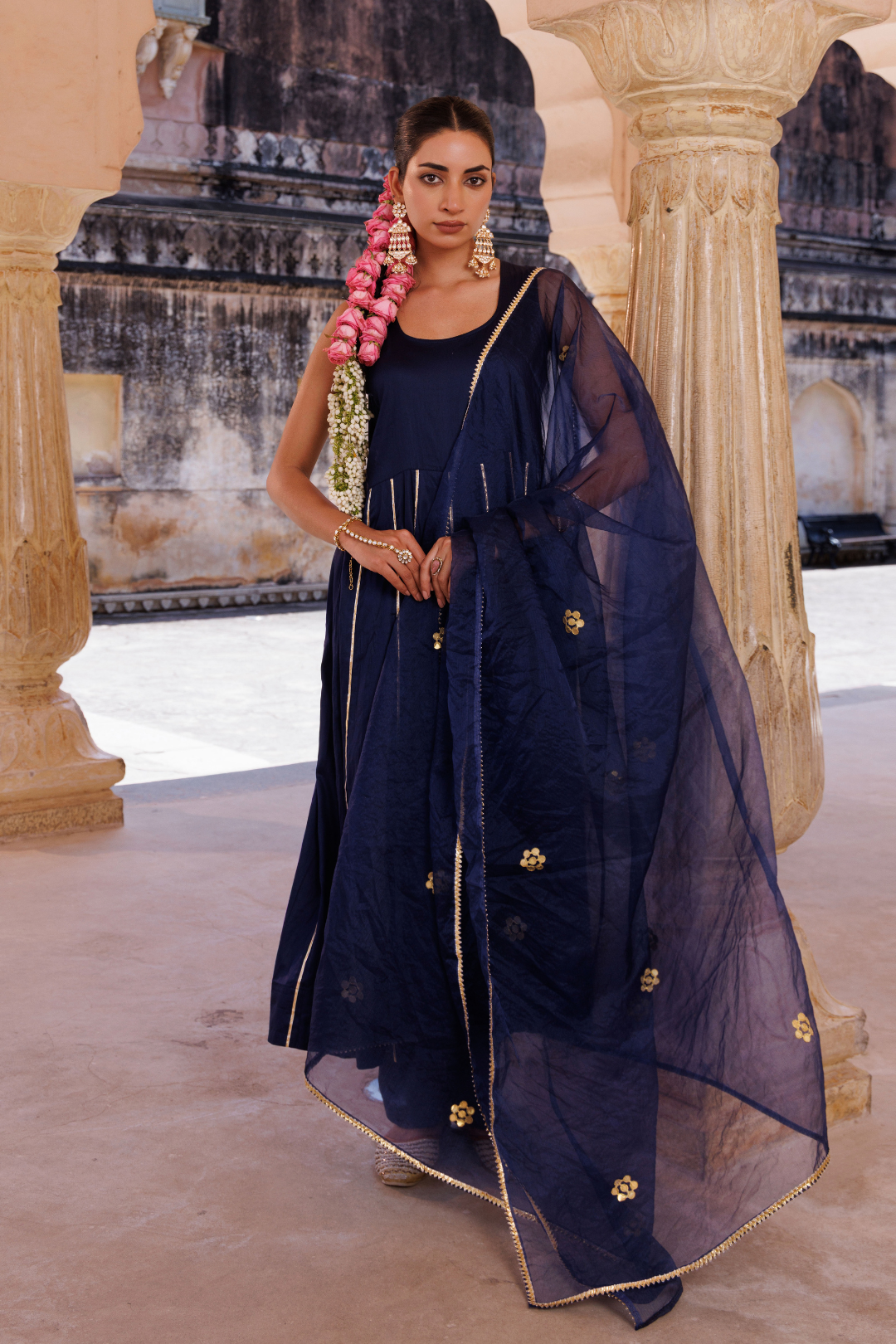 Navy blue cotton silk, gota patti work anrkali set
