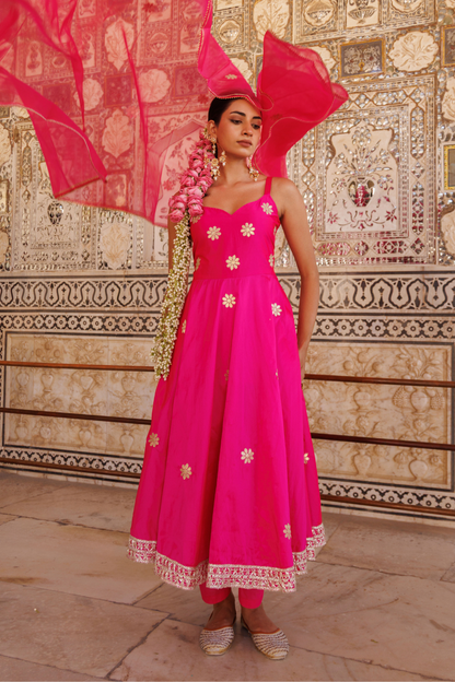 Hot pink taffeta silk, gota patti work anarkali set