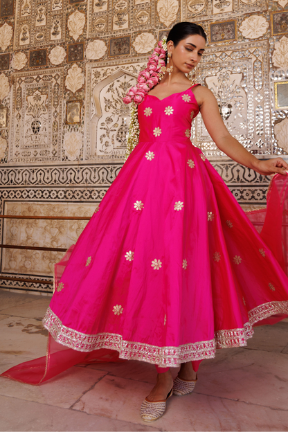 Hot pink taffeta silk, gota patti work anarkali set