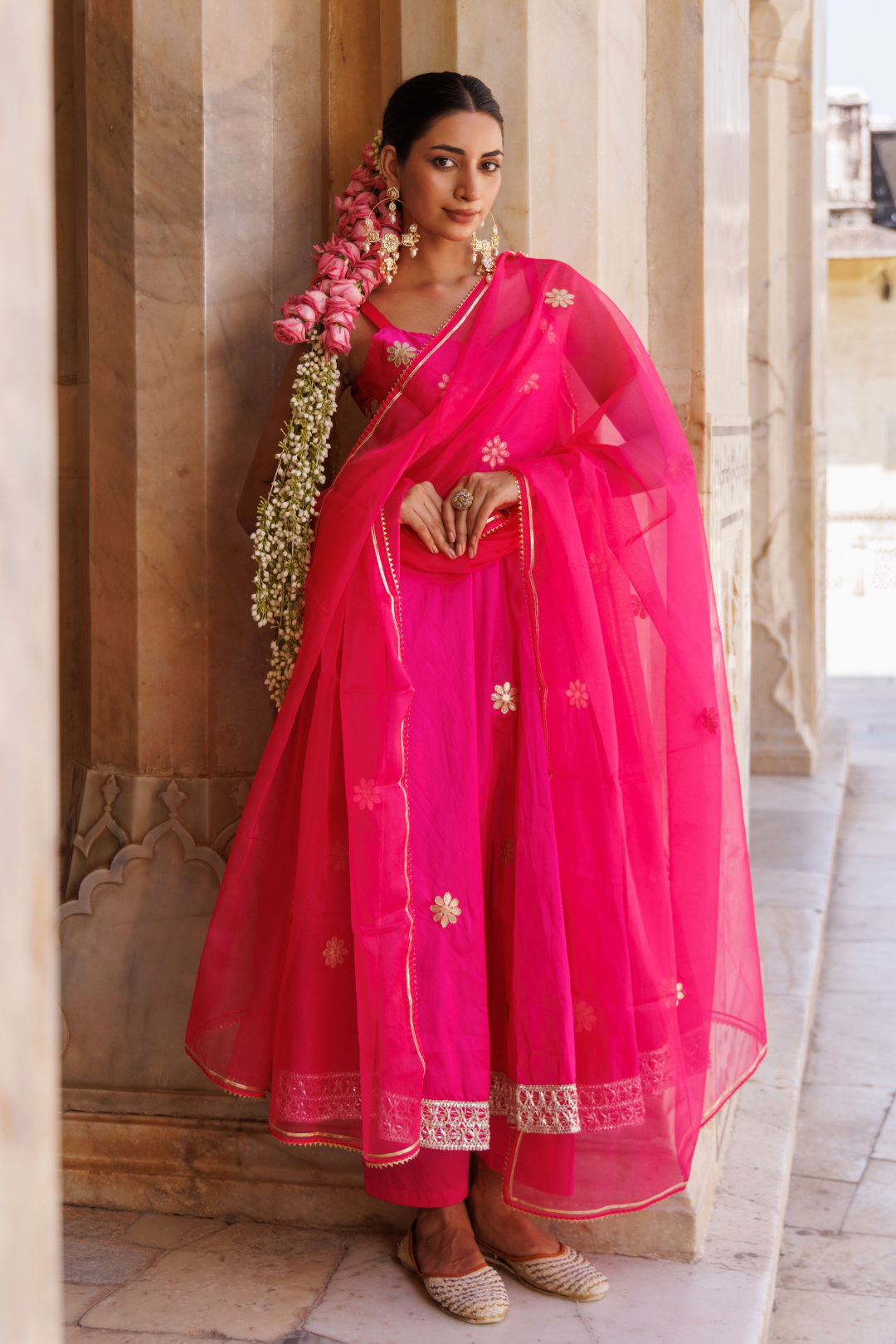 Hot pink taffeta silk, gota patti work anarkali set