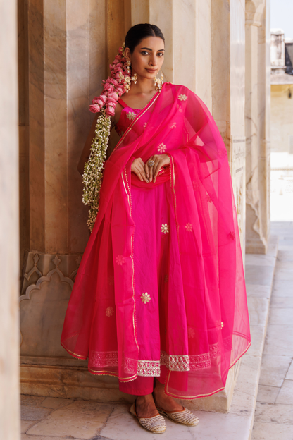Hot pink taffeta silk, gota patti work anarkali set
