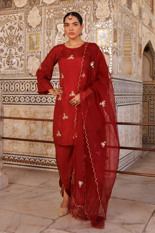 Maroon silk, gota patti work dhoti Set