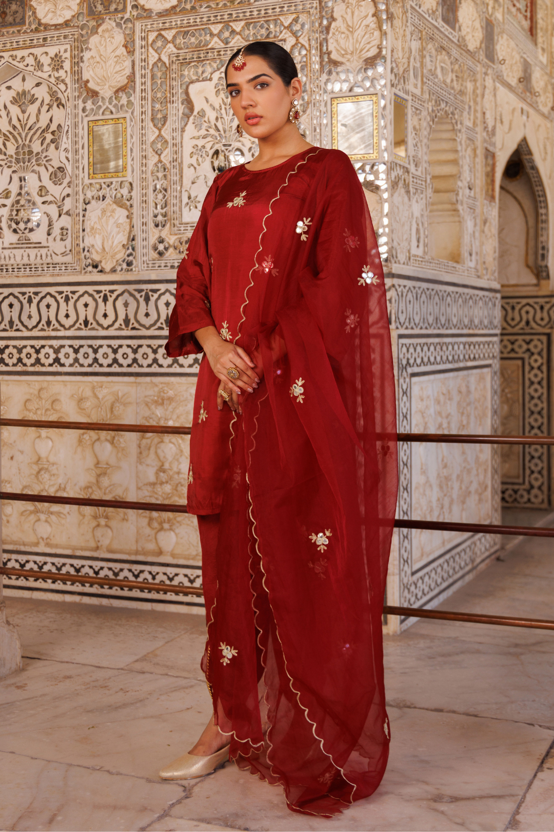 Maroon silk, gota patti work dhoti Set