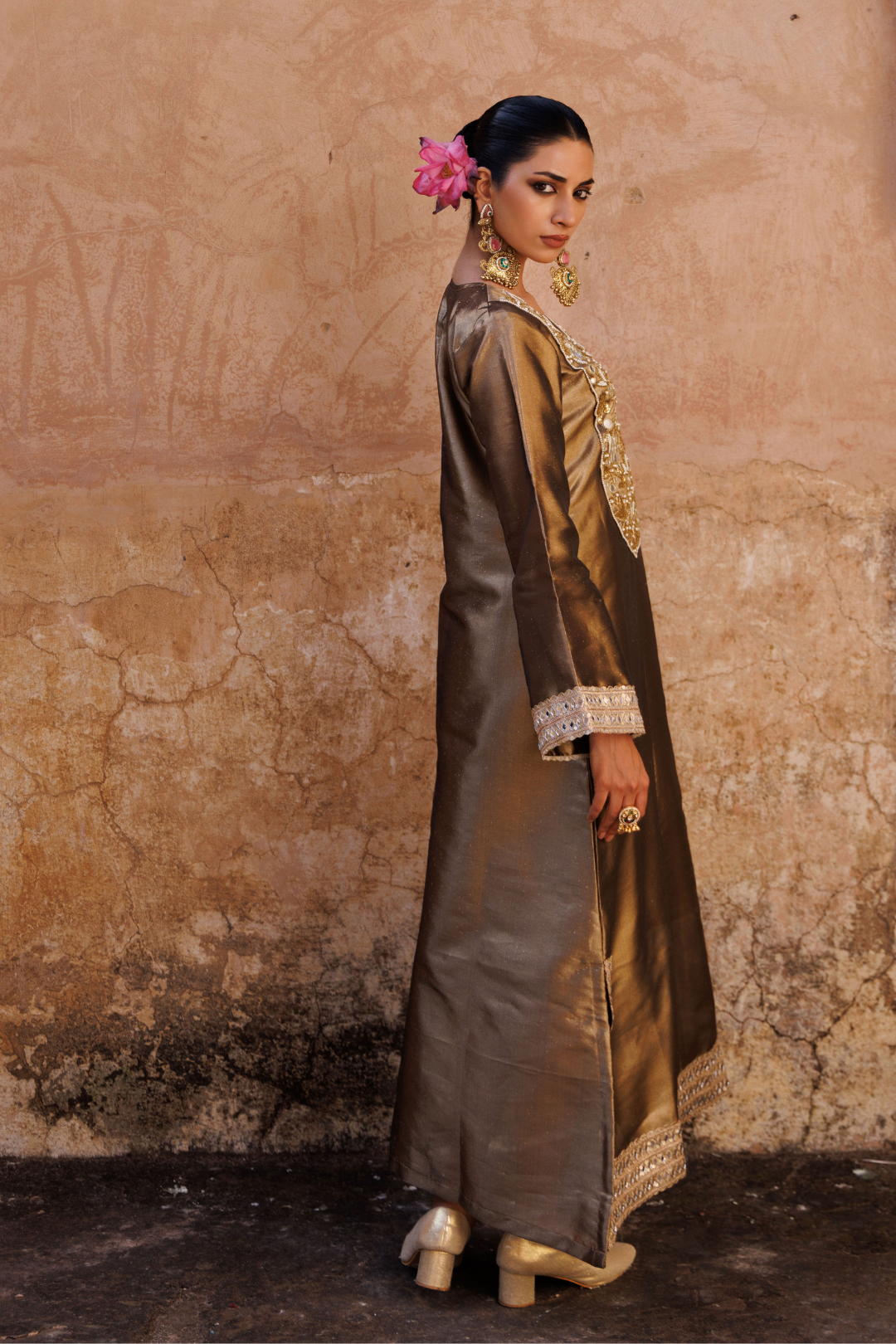 Brown metallic, Hand embroidered tissue kaftan