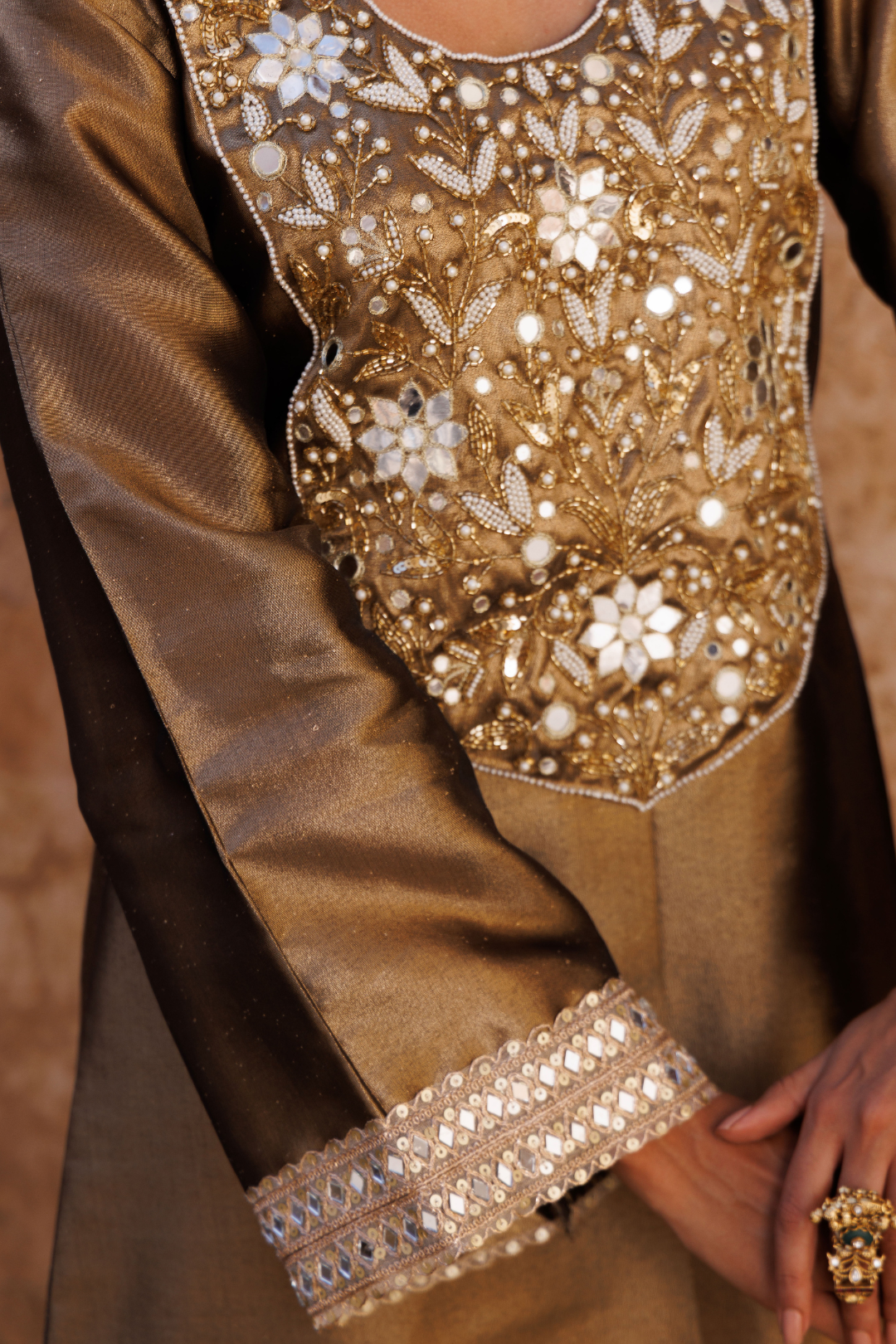Brown metallic, Hand embroidered tissue kaftan