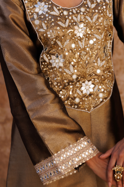 Brown metallic, Hand embroidered tissue kaftan