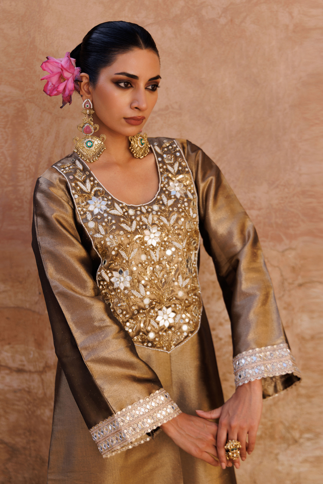 Brown metallic, Hand embroidered tissue kaftan