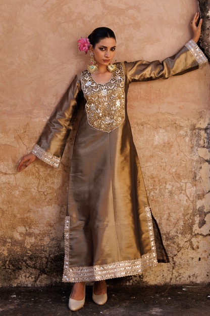 Brown metallic, Hand embroidered tissue kaftan
