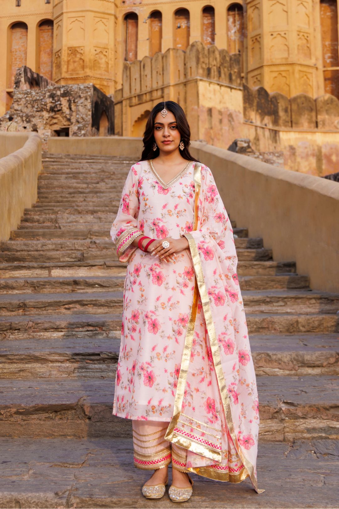 Pink Floral Printed Chanderi Kurta Set