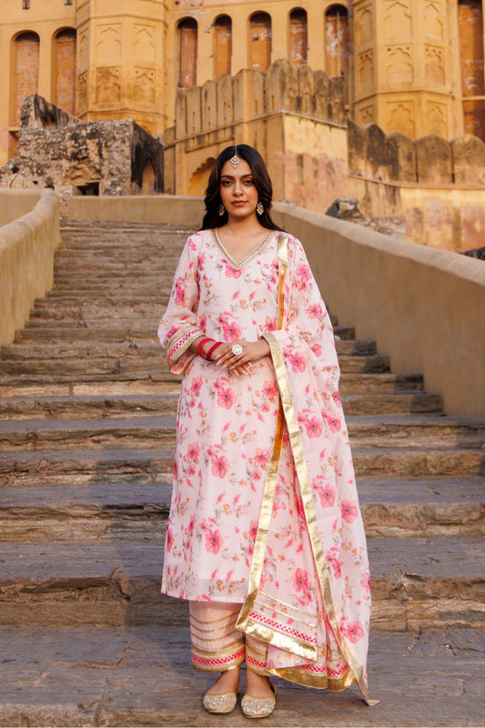 Pink Floral Printed Chanderi Kurta Set
