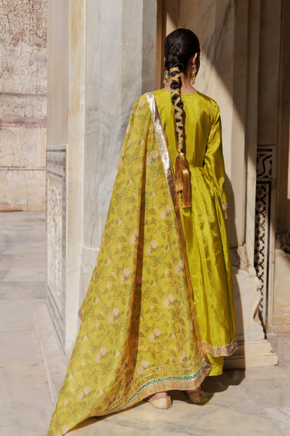 Olive Yellow Uppada Silk Kurta Set With Printed Chanderi Dupatta