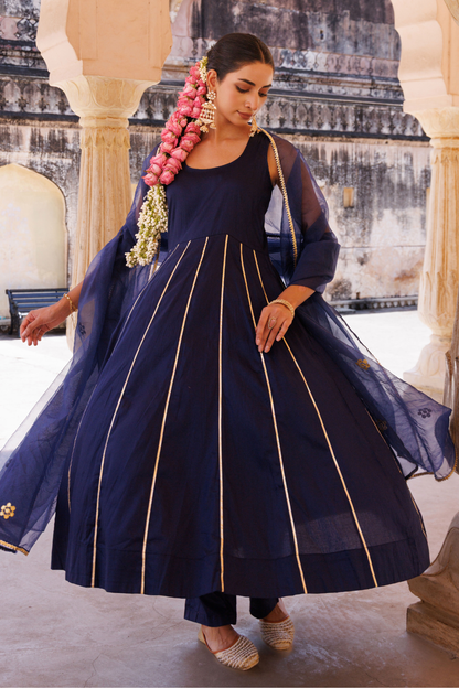 Navy blue cotton silk, gota patti work anrkali set