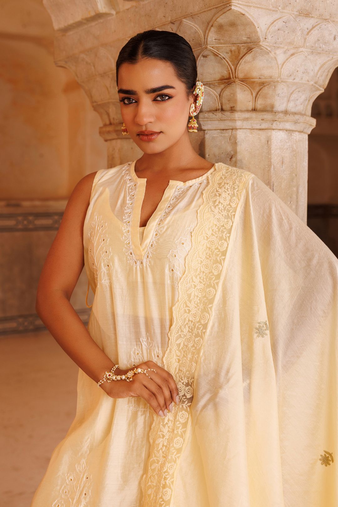 Cream Chanderi Kurta Set