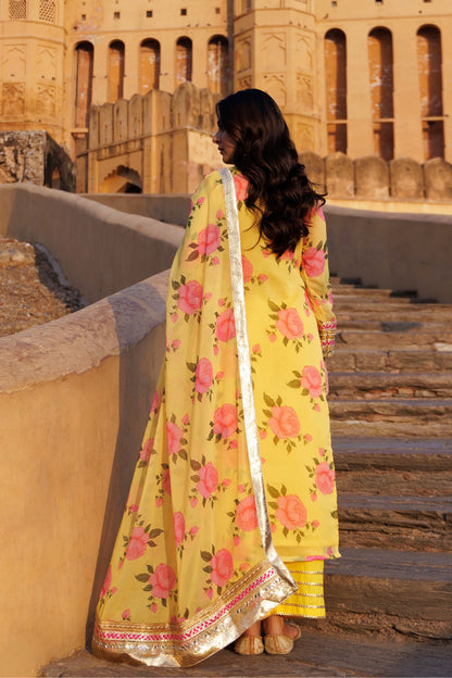 Yellow Floral Printed Chiffon Kurta Set