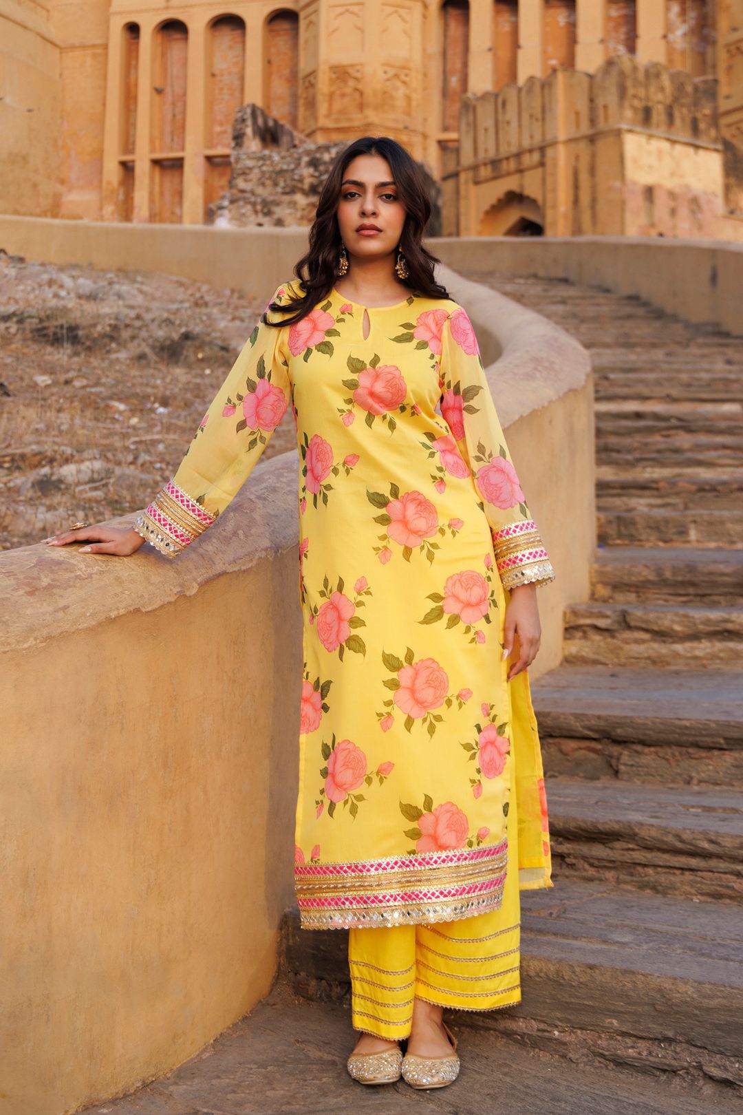 Yellow Floral Printed Chiffon Kurta Set
