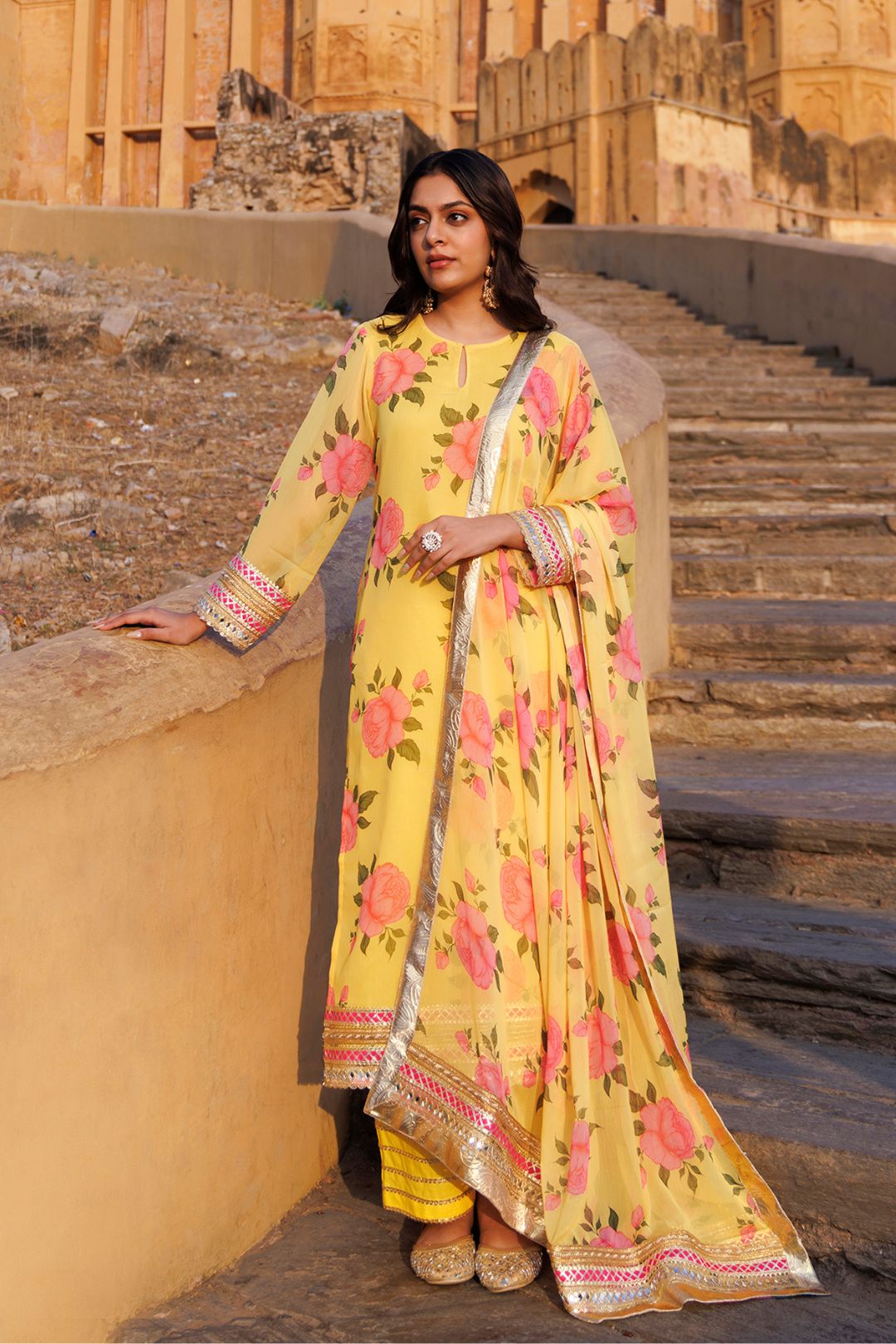 Yellow Floral Printed Chiffon Kurta Set