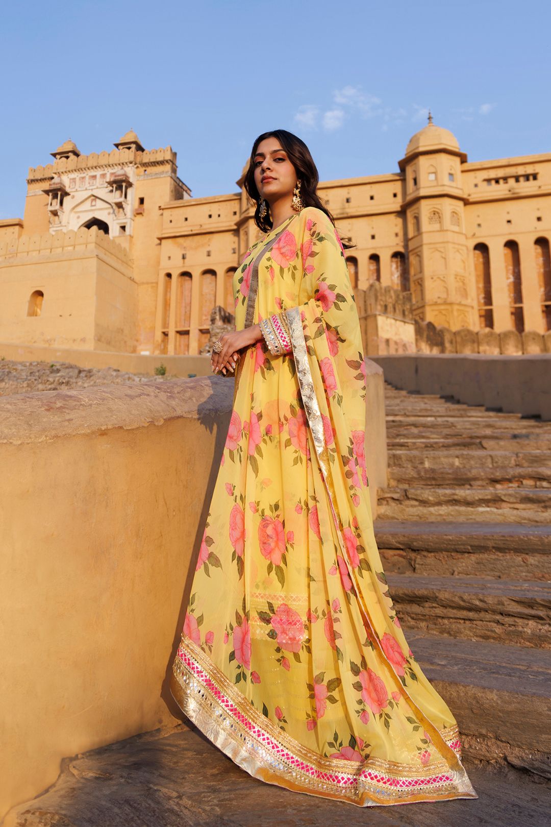 Yellow Floral Printed Chiffon Kurta Set