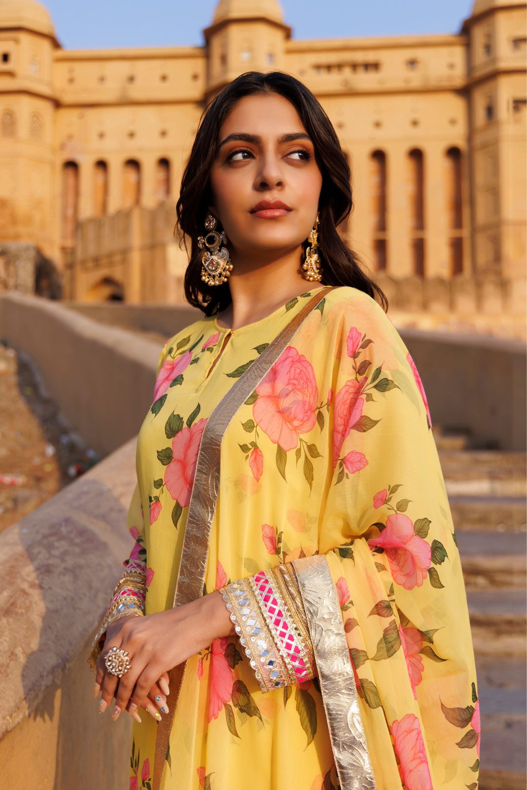 Yellow Floral Printed Chiffon Kurta Set
