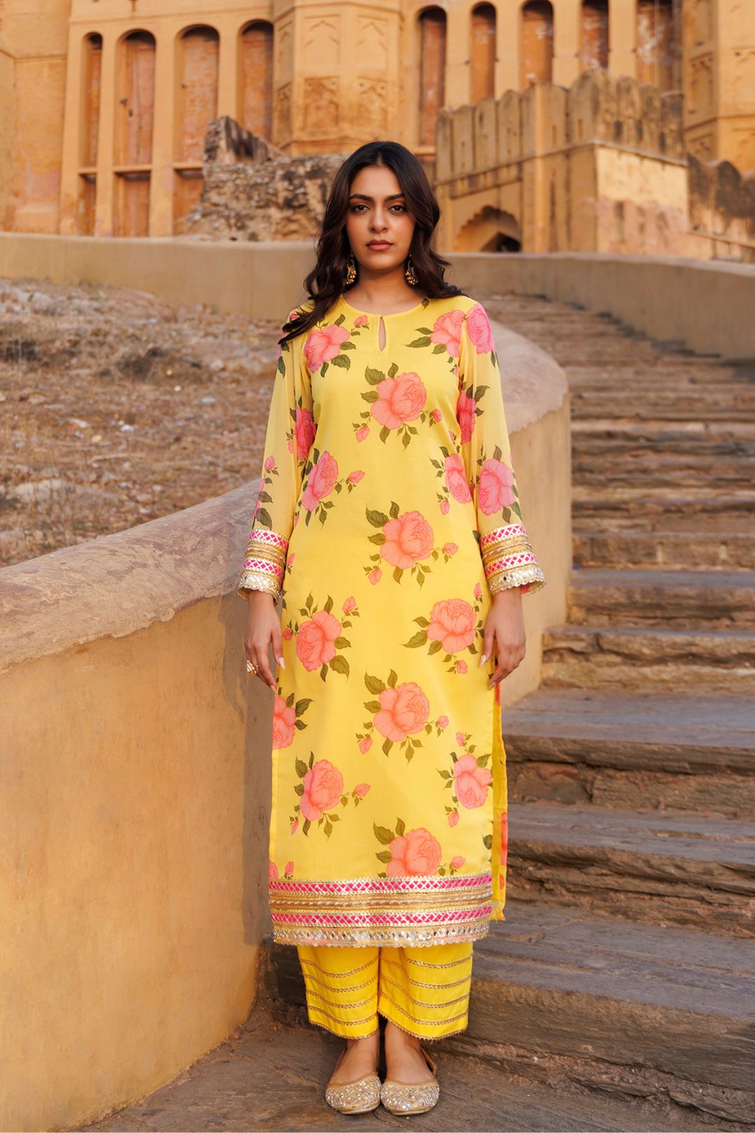 Yellow Floral Printed Chiffon Kurta Set