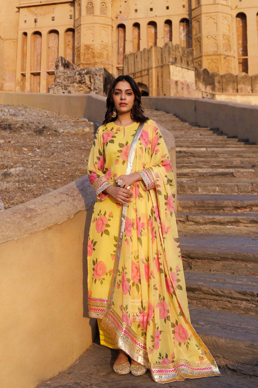 Yellow Floral Printed Chiffon Kurta Set