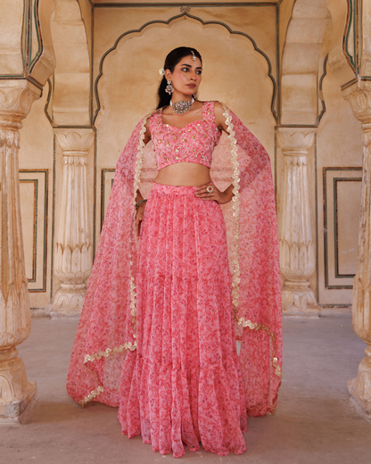 Pink Printed Chiffon Lehenga Set
