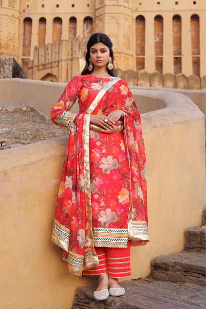Coral Floral printed Chanderi Kurta Set