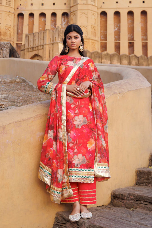 Coral Floral printed Chanderi Kurta Set