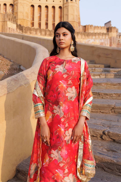 Coral Floral printed Chanderi Kurta Set