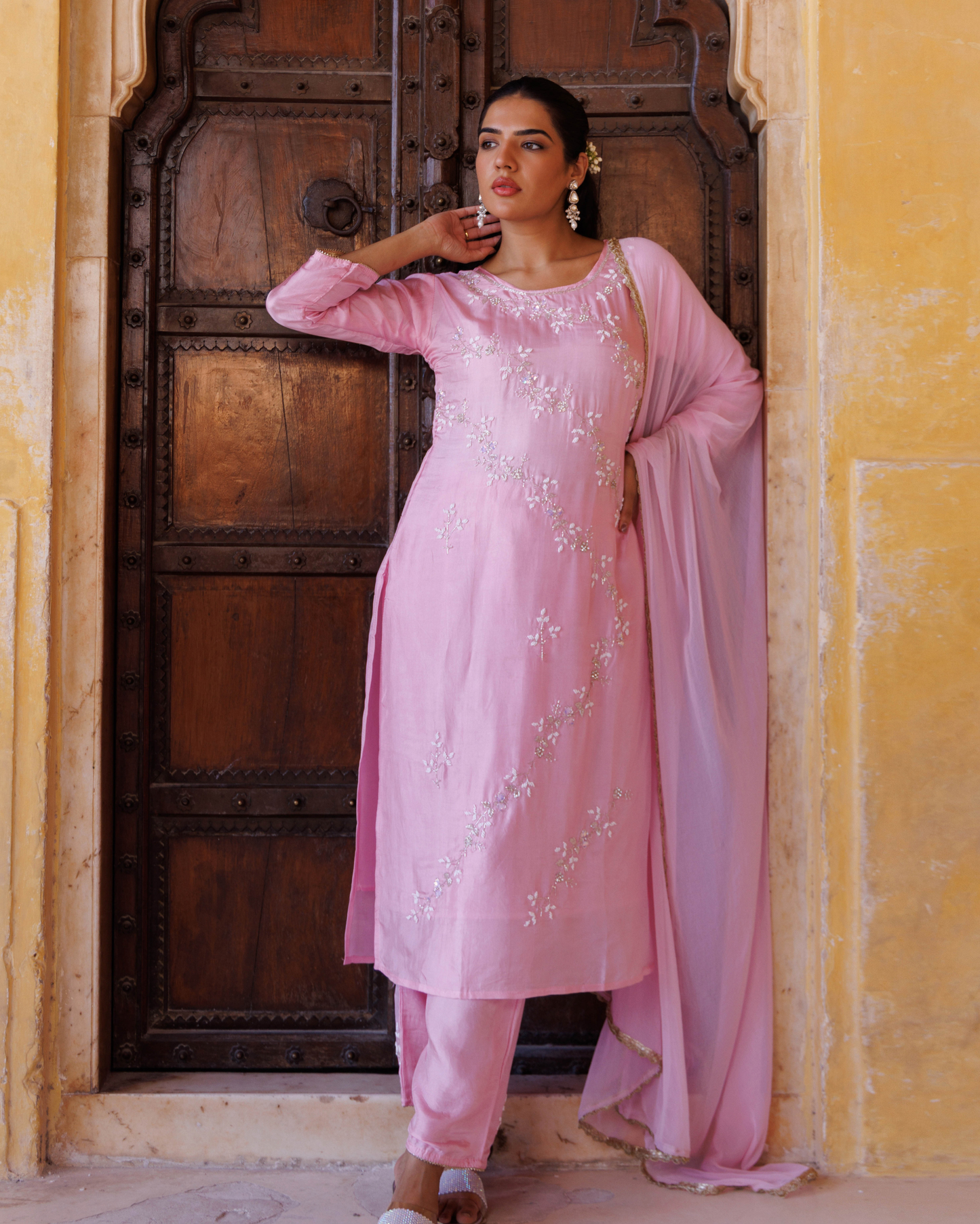 Pink silk, hand-embroidered Kurta Set