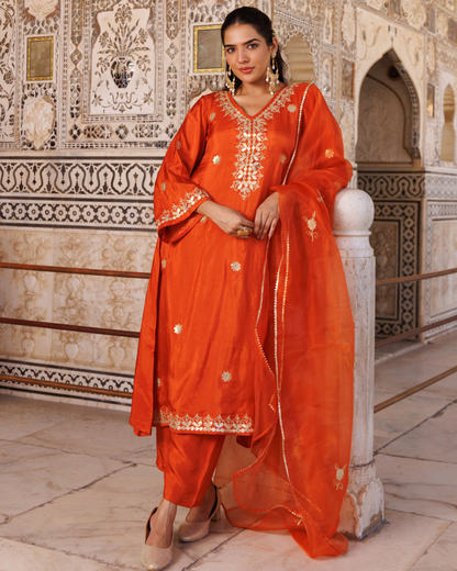 Rust-orange silk, gota patti work kurta set