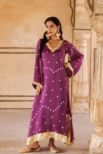 Purple Hand-Tied Bandhani Kaftan
