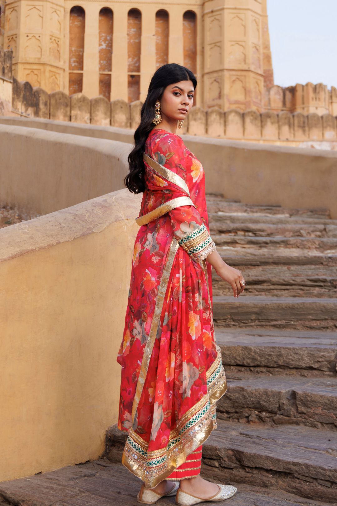 Coral Floral printed Chanderi Kurta Set