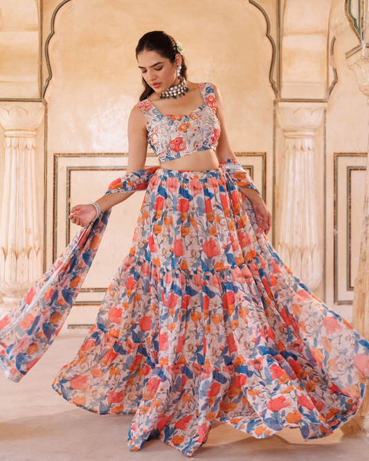 Beige georgette, blue & orange floral printed lehenga set