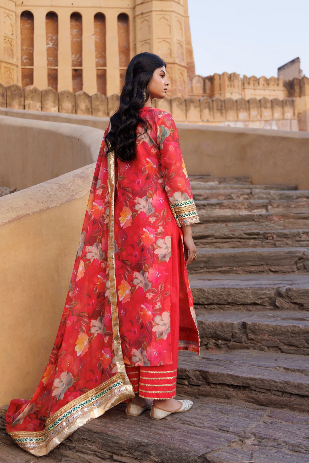 Coral Floral printed Chanderi Kurta Set