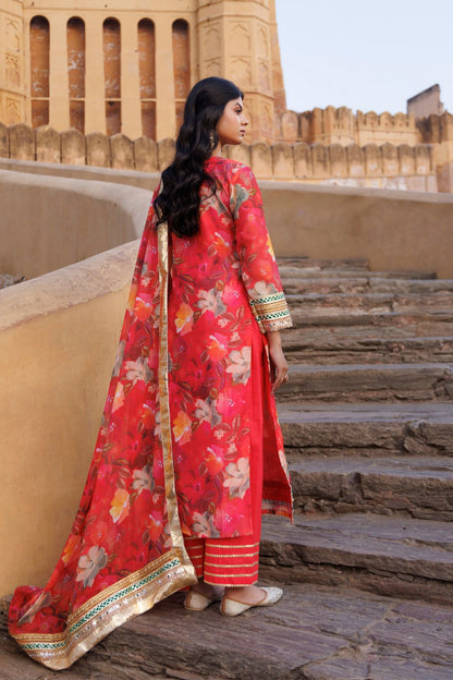 Coral Floral printed Chanderi Kurta Set