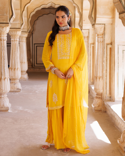 Yellow silk, hand-embroidered sharara set