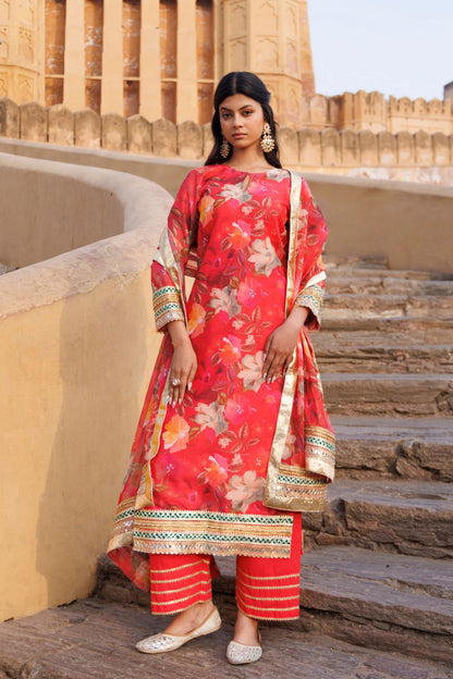 Coral Floral printed Chanderi Kurta Set