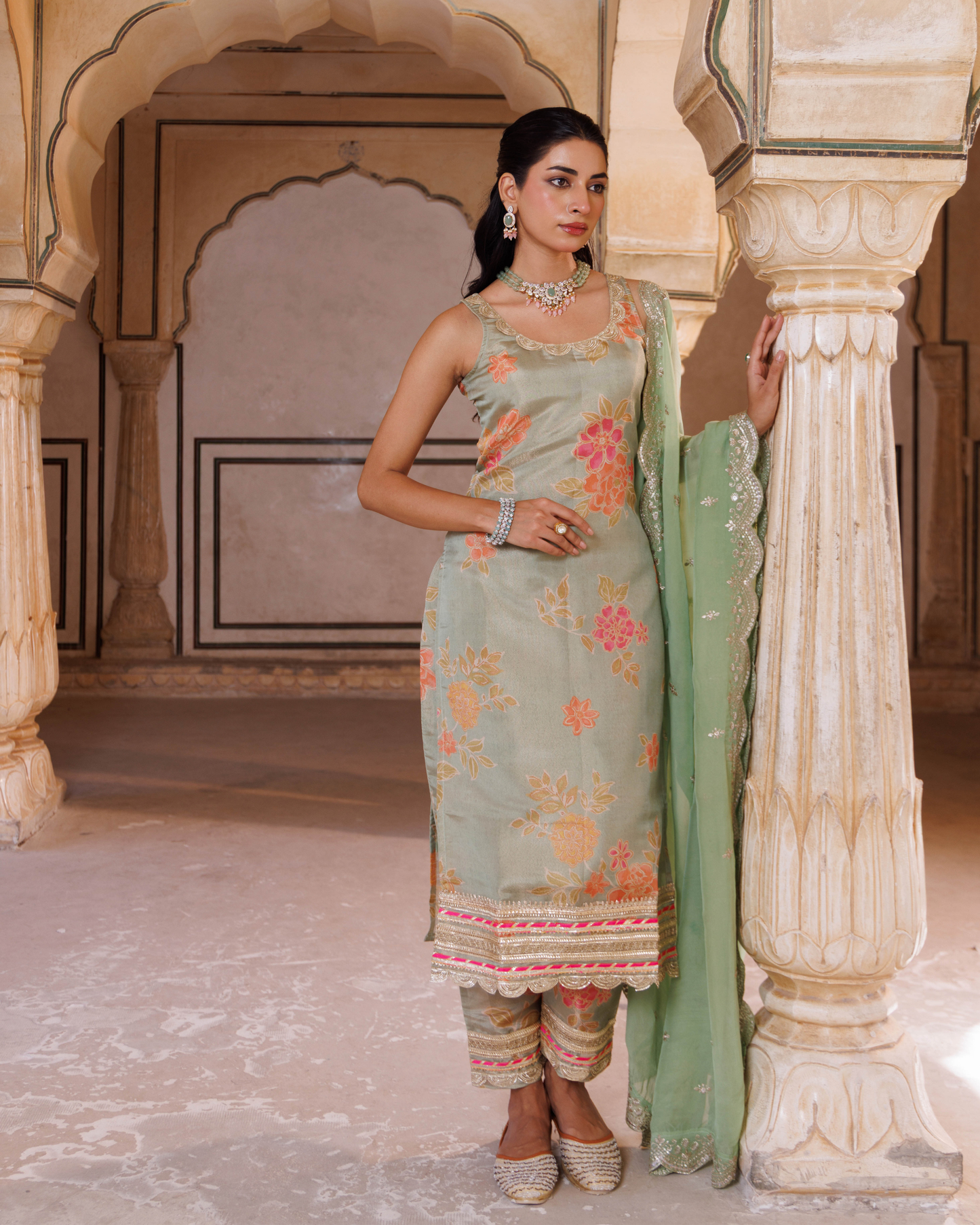 Green tissue kurta set