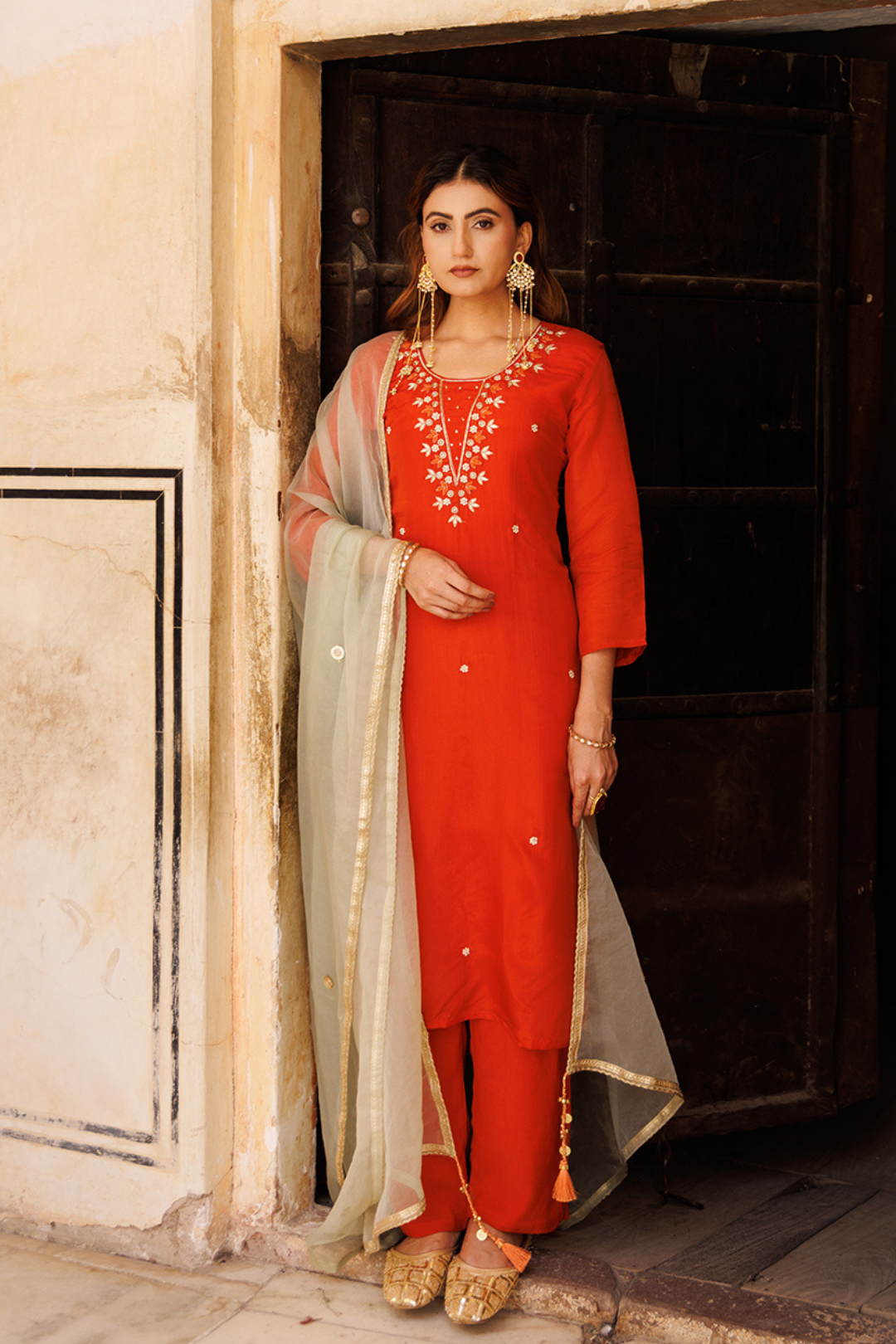 Rust-orange Hand Embroidered Kurta Set