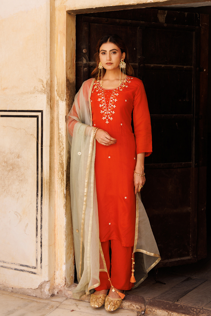 Rust-orange Hand Embroidered Kurta Set