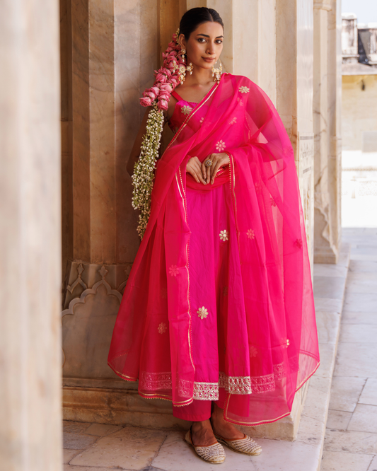 Hot pink taffeta silk, gota patti work anarkali set