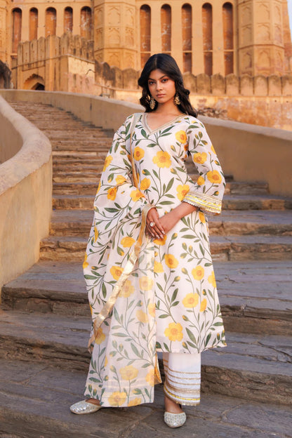 Off-white & Yellow Floral printed Chanderi Kurta Set