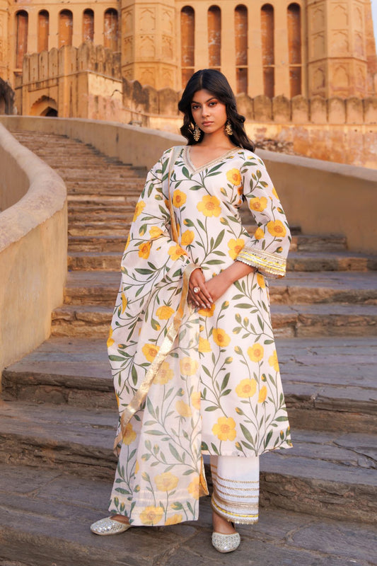 Off-white & Yellow Floral printed Chanderi Kurta Set