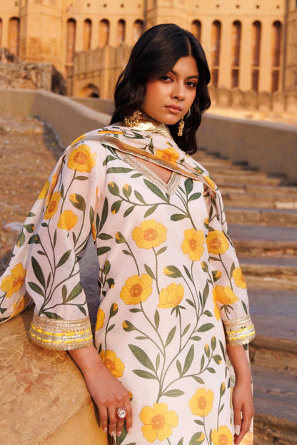 Off-white & Yellow Floral printed Chanderi Kurta Set