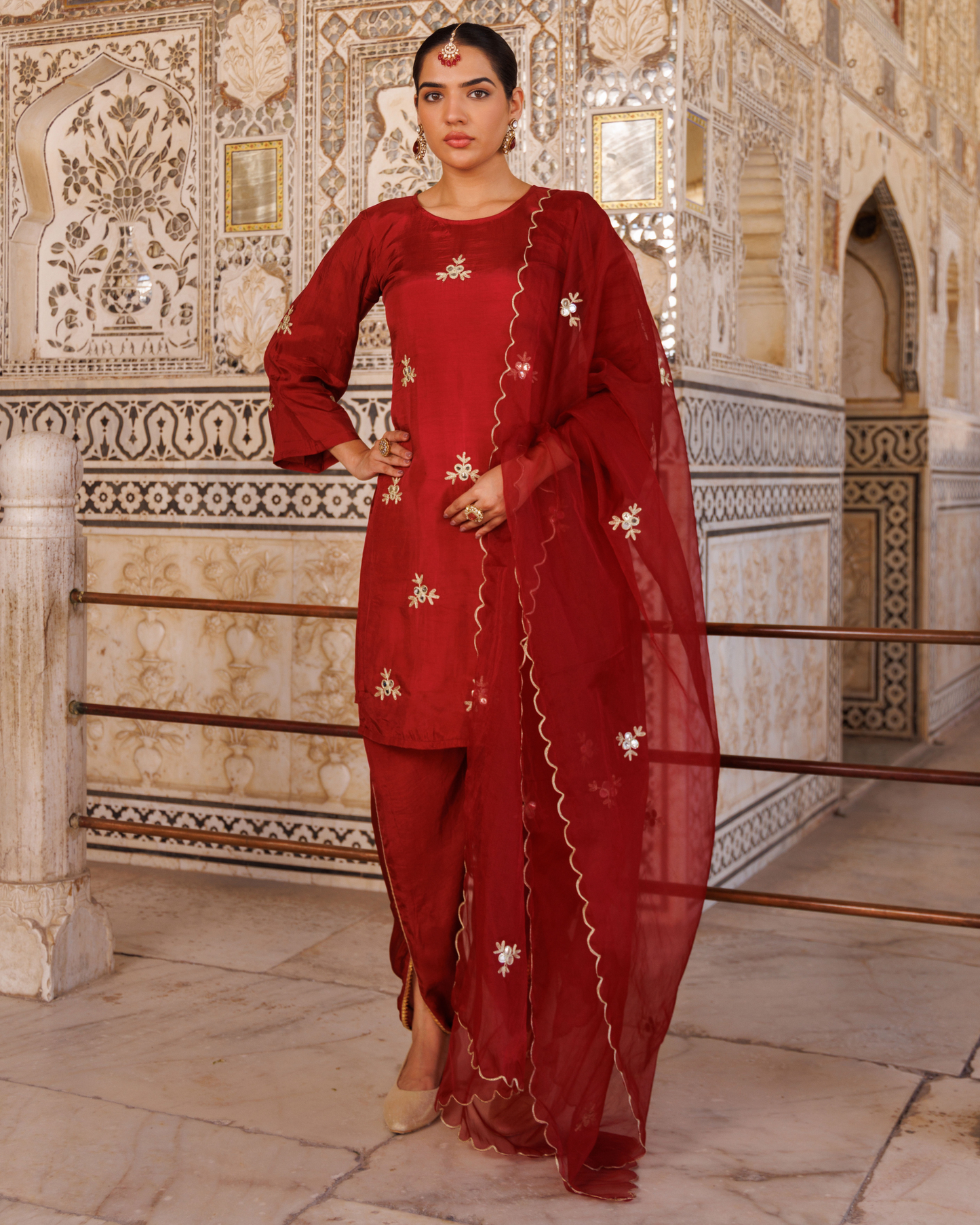 Maroon silk, gota patti work dhoti Set
